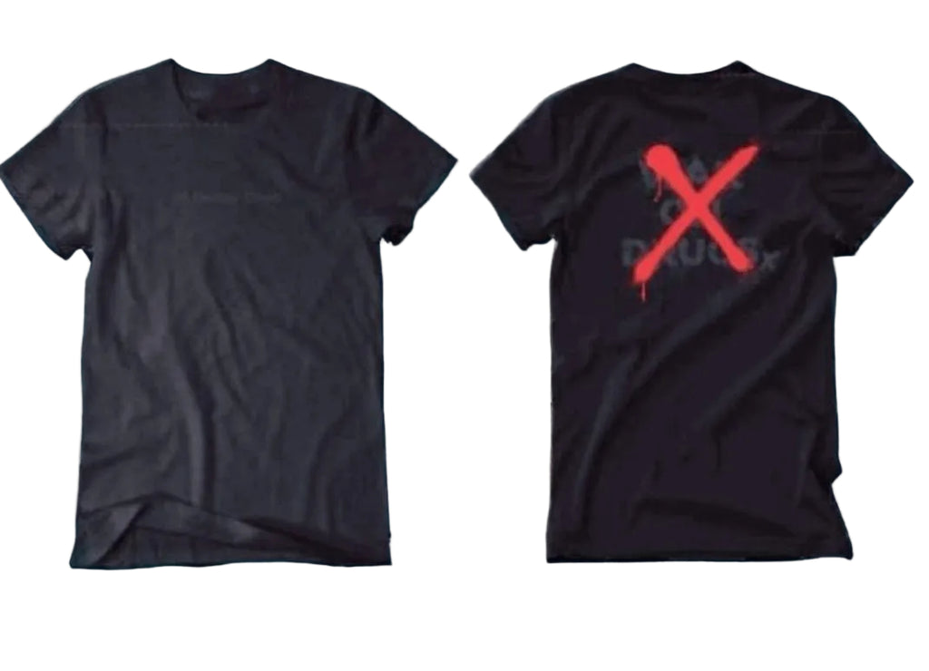 Black t-shirt with red 'X' and text on front and back