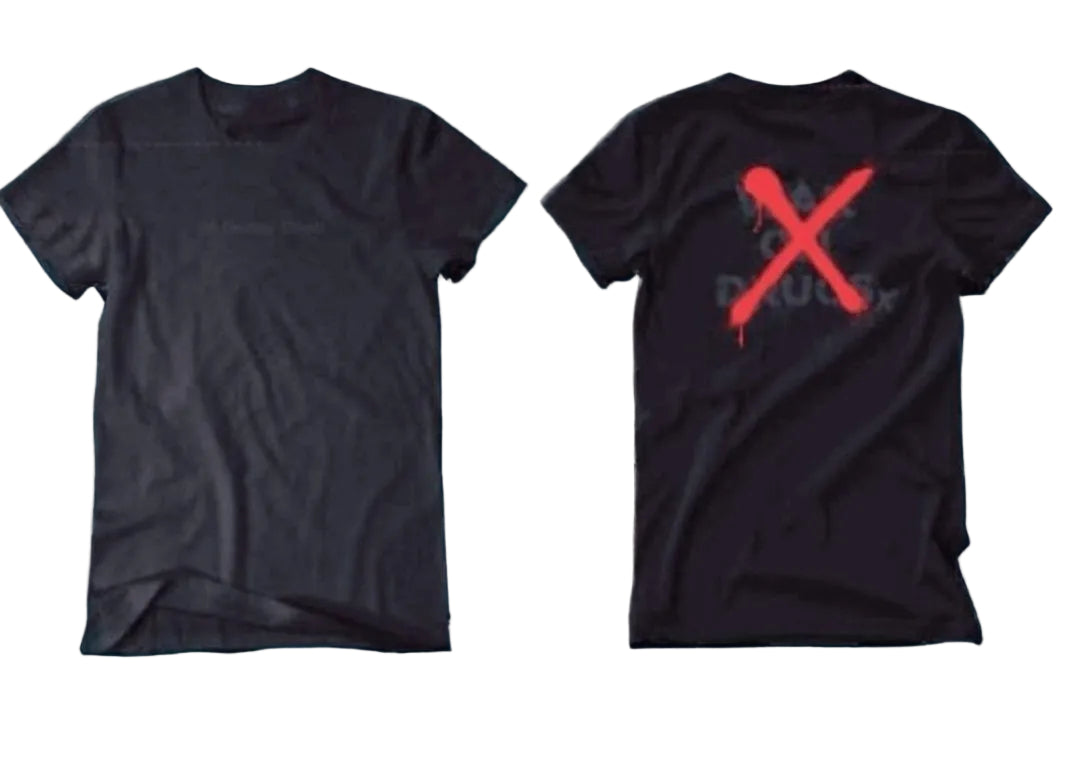 Black t-shirt with red 'X' and text on front and back