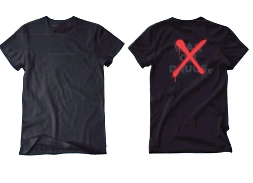 Black t-shirt with red 'X' and text on front and back